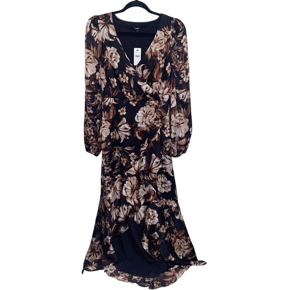 Express Dress Womens Small Black Floral Maxi Whimsigoth Sheer Long Sleeve Boho